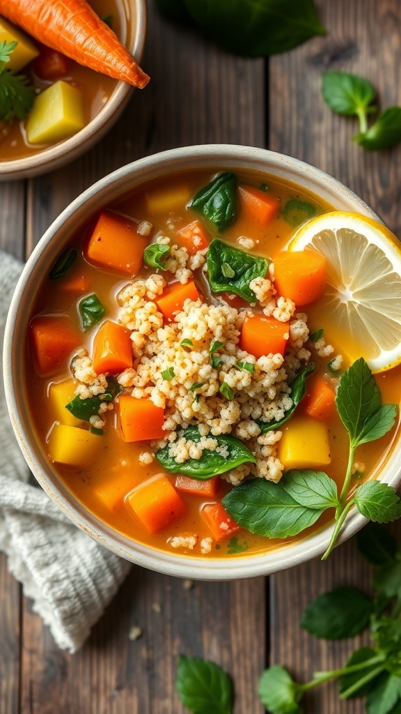 A bowl of quinoa vegetable soup with colorful vegetables and quinoa, garnished with herbs, on a rustic table with a lemon slice.